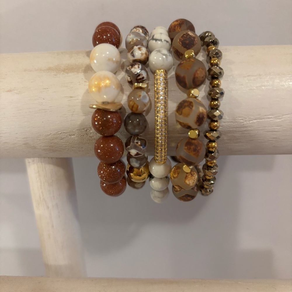 Handmade Goldstone Jade Howlite Agate Bracelet Stack Set of 5 NWT